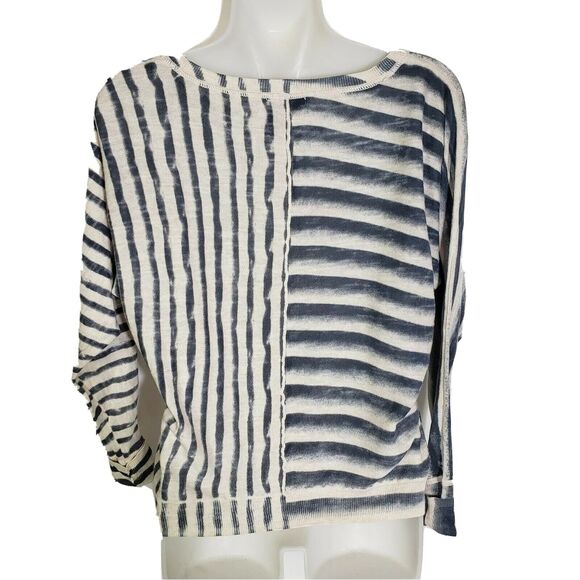 DKNY Jeans Petites Womens Size PS Top 100% Cotton Striped Blue Beige Dolman - Picture 2 of 9